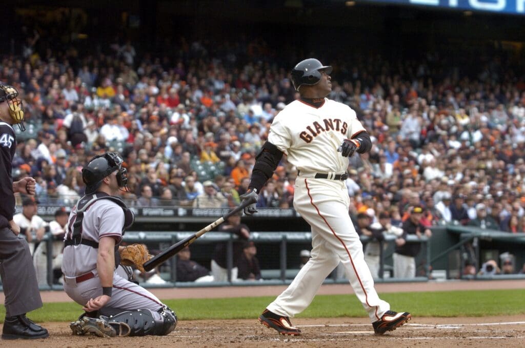 Apr 21, 2007; San Francisco, CA, USA; San Francisco Giants left fielder Barry Bonds (25) hits his 739th career homerun against Arizona Diamondbacks starting pitcher Edgar Gonzalez (not pictured) during the 2nd inning at AT&T Park in San Francisco, CA.