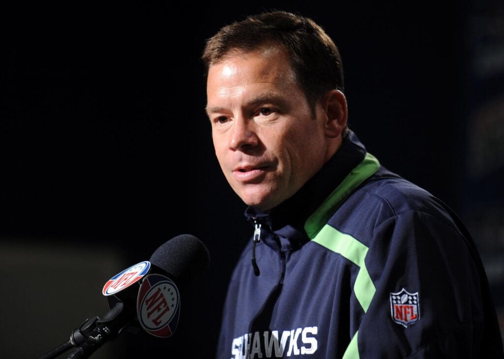 Sep 3, 2009; Seattle, WA, USA; Seattle Seahawks coach Jim Mora at press conference after the Seahawks' 31-21 victory over the Oakland Raiders at Qwest Field.