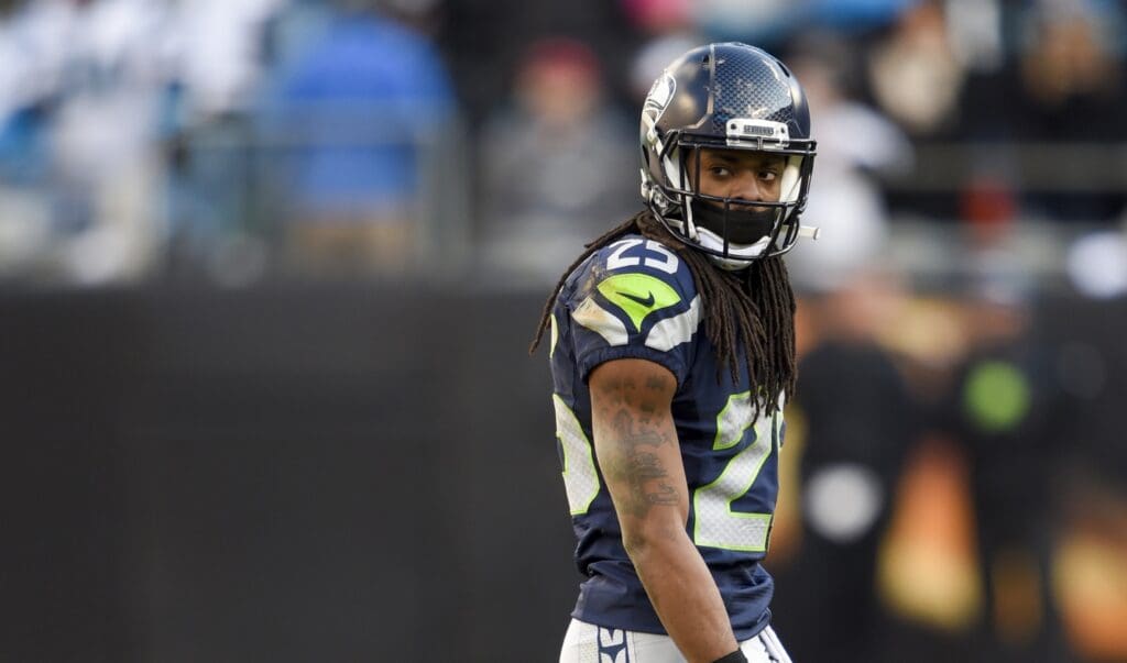 Jan 17, 2016; Charlotte, NC, USA; Seattle Seahawks cornerback Richard Sherman (25) looks on during the fourth quarter against the Carolina Panthers in a NFC Divisional round playoff game at Bank of America Stadium.