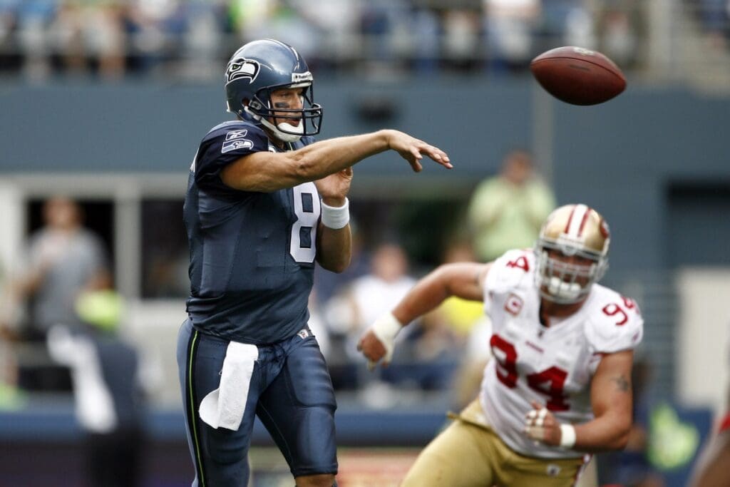 September 12, 2010, Seattle, WA, USA; Seattle Seahawks quarterback Matt Hasselbeck (8) passes against the San Francisco 49ers during the second half at Qwest Field.