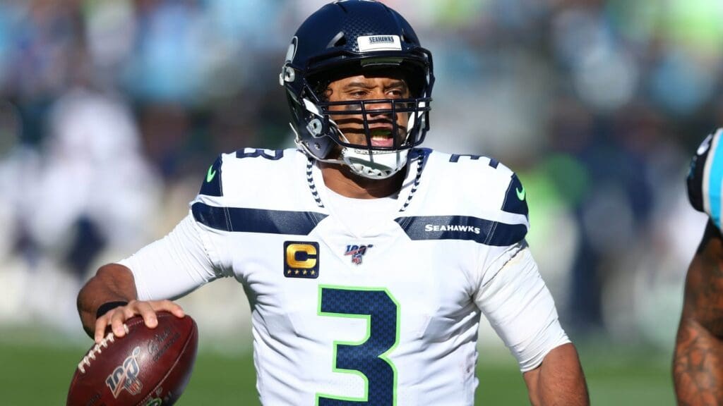 Dec 15, 2019; Charlotte, NC, USA; Seattle Seahawks quarterback Russell Wilson (3) looks to pass during the first quarter against the Carolina Panthers at Bank of America Stadium.