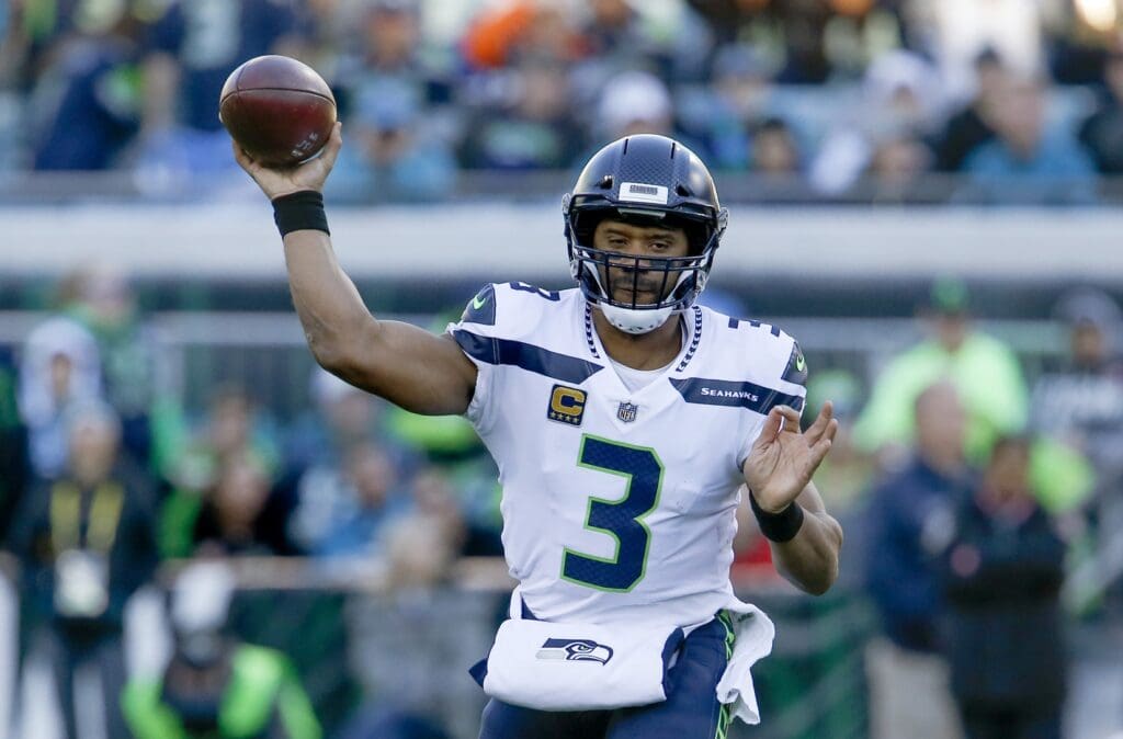 Dec 10, 2017; Jacksonville, FL, USA; Seattle Seahawks quarterback Russell Wilson (3) drops to throw a pass during the first quarter against the Jacksonville Jaguars at EverBank Field.