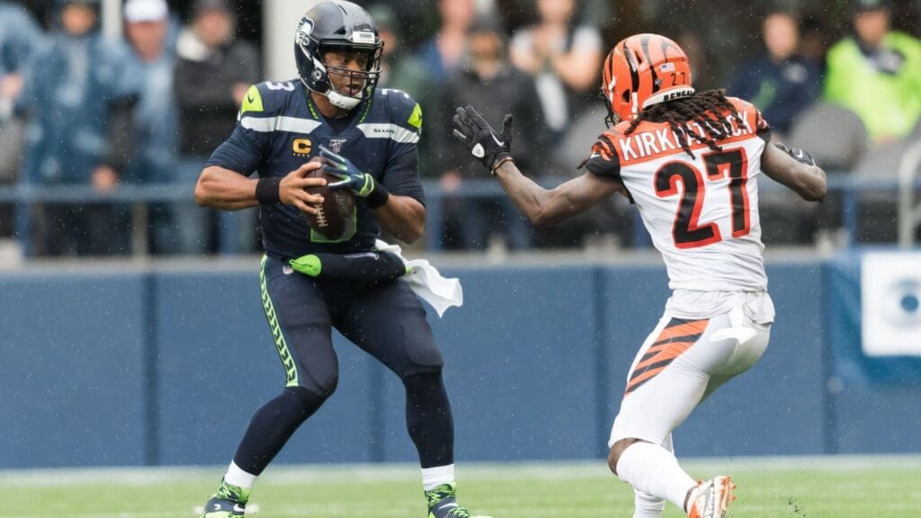 Sep 8, 2019; Seattle, WA, USA; Seattle Seahawks quarterback Russell Wilson (3) and Cincinnati Bengals cornerback Dre Kirkpatrick (27) during the second half at CenturyLink Field. Seattle defeated Cincinnati 21-20. 