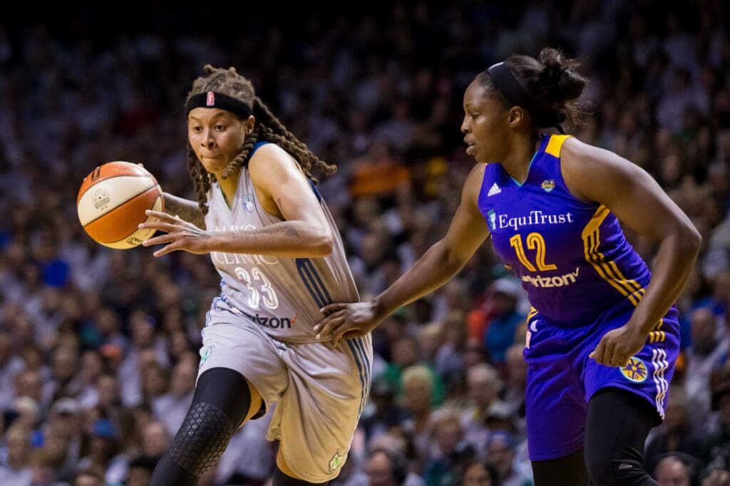 Oct 4, 2017; Minneapolis, MN, USA; Minnesota Lynx guard Seimone Augustus (33) dribbles in the second quarter against the Los Angeles Sparks guard Chelsea Gray (12) in Game 5 of the WNBA Finals at Williams Arena. 