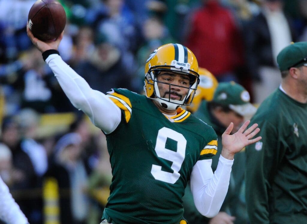 Nov 10, 2013; Green Bay, WI, USA; Green Bay Packers quarterback Seneca Wallace (9) warms up before game against the Philadelphia Eagles at Lambeau Field.