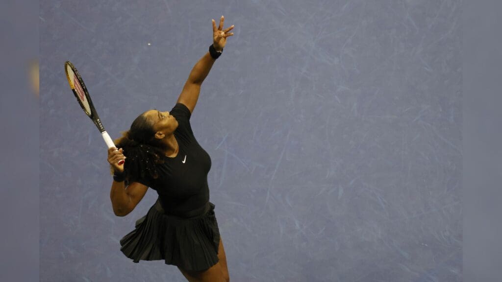 Sep 1, 2022; Flushing, NY, USA; Serena Williams (USA) serves behind Venus Williams (USA) (not pictured) against Lucia Hradecka (CZE) and Linda Noskova (CZE) (both not pictured) on day four of the 2022 U.S. Open tennis tournament at USTA Billie Jean King Tennis Center.
