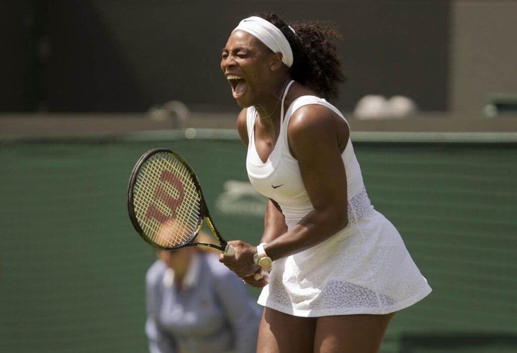 Jun 29, 2015; London, United Kingdom; Serena Williams (USA) reacts during her match against Margarita Gasparyan (RUS) on day one of The Championships Wimbledon at the AELTC.