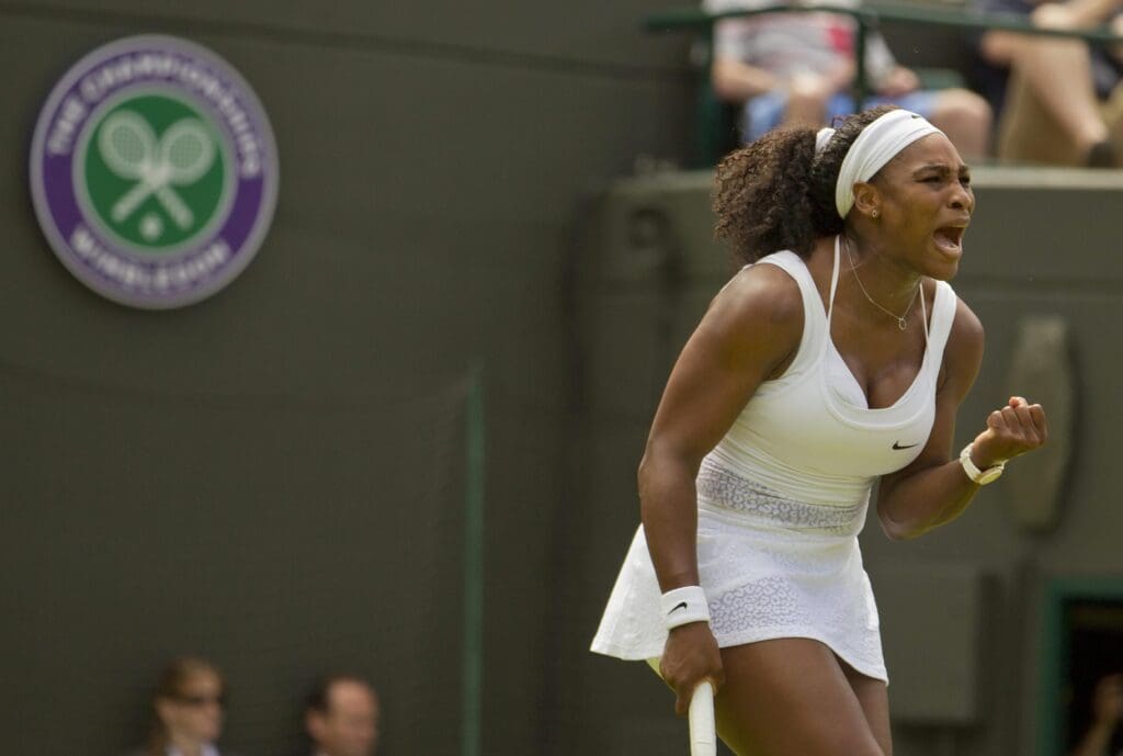 Jun 29, 2015; London, United Kingdom; Serena Williams (USA) reacts during her match against Margarita Gasparyan (RUS) on day one of The Championships Wimbledon at the AELTC.