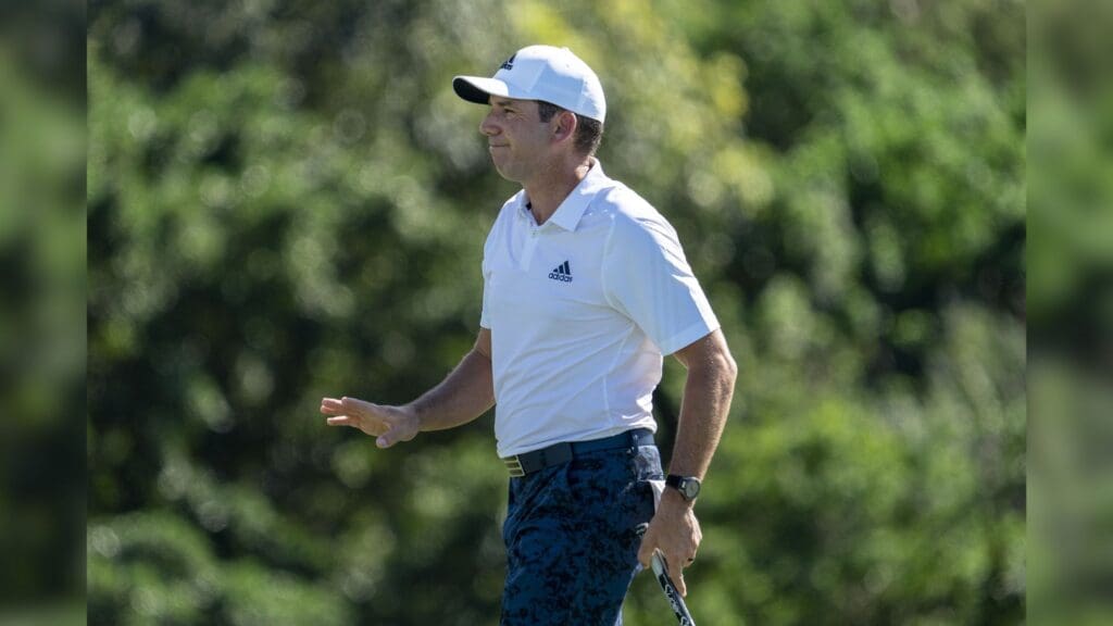 January 7, 2021; Maui, Hawaii, USA; Sergio Garcia acknowledges the crowd after making his putt on the 18th hole during the first round of the Sentry Tournament of Champions golf tournament at Kapalua Resort - The Plantation Course.