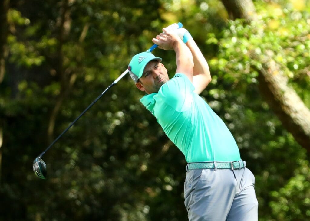 Apr 5, 2018; Augusta, GA, USA; Sergio Garcia hits his tee shot on the 2nd hole during the first round of the Masters golf tournament at Augusta National Golf Club.