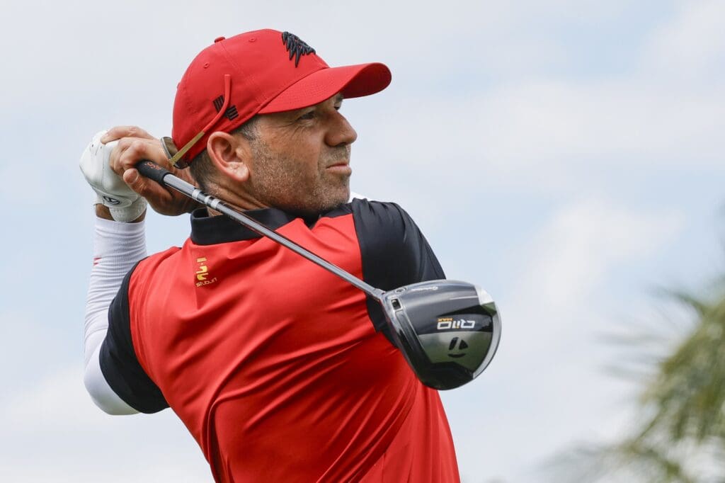 Apr 7, 2024; Miami, Florida, USA; Sergio Garcia of the Fireballs plays his shot from the eighth tee during the final round of LIV Golf Miami golf tournament at Trump National Doral. 