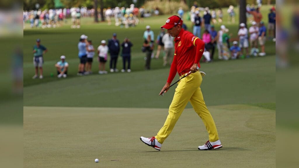 Apr 10, 2025; Augusta, Georgia, USA; Sergio Garcia putts on the second green during the first round of the Masters Tournament.