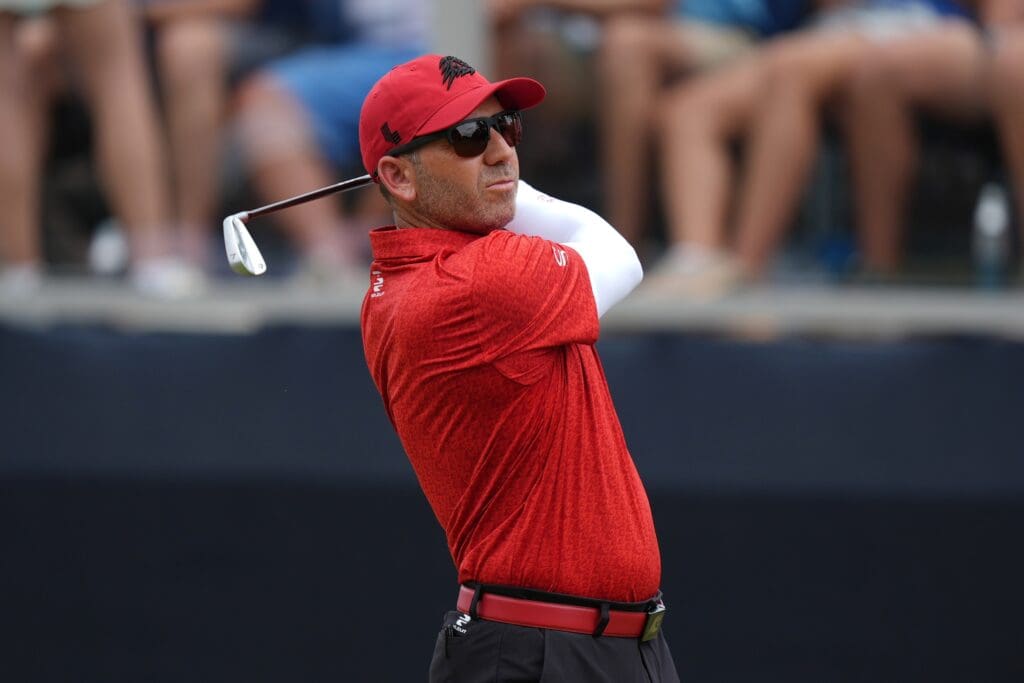 Jun 16, 2024; Pinehurst, North Carolina, USA; Sergio Garcia hits from the sixth tee box during the final round of the U.S. Open golf tournament.