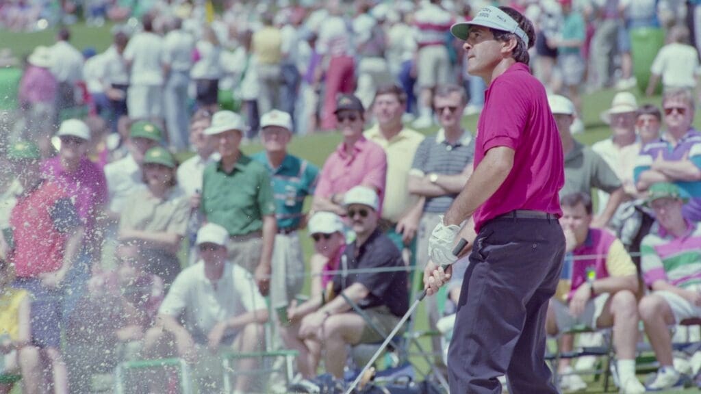 04/12/1992; Augusta, Georgia, USA; Seve Ballesteros watches ball after bunker shot at the Augusta National Golf Course during the 1992 Masters.