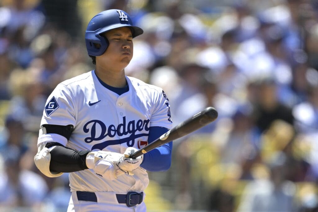 Jul 6, 2025; Los Angeles, California, USA; Los Angeles Dodgers designated hitter Shohei Ohtani (17) reacts after a foul ball in the sixth inning against the Houston Astros at Dodger Stadium.