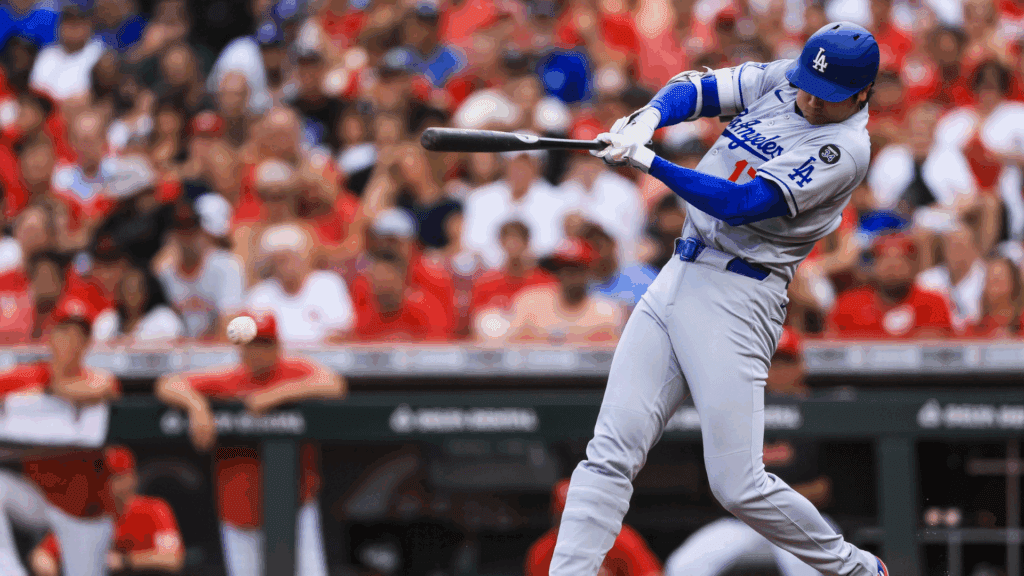 Jul 30, 2025; Cincinnati, Ohio, USA; Los Angeles Dodgers designated hitter Shohei Ohtani (17) bats in the fourth inning against the Cincinnati Reds at Great American Ball Park.