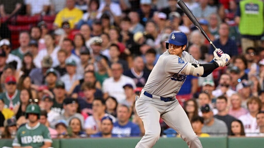 Jul 25, 2025; Boston, Massachusetts, USA; Los Angeles Dodgers starting pitcher Shohei Ohtani (17) bats against the Boston Red Sox during the third inning at Fenway Park. Mandatory Credit: