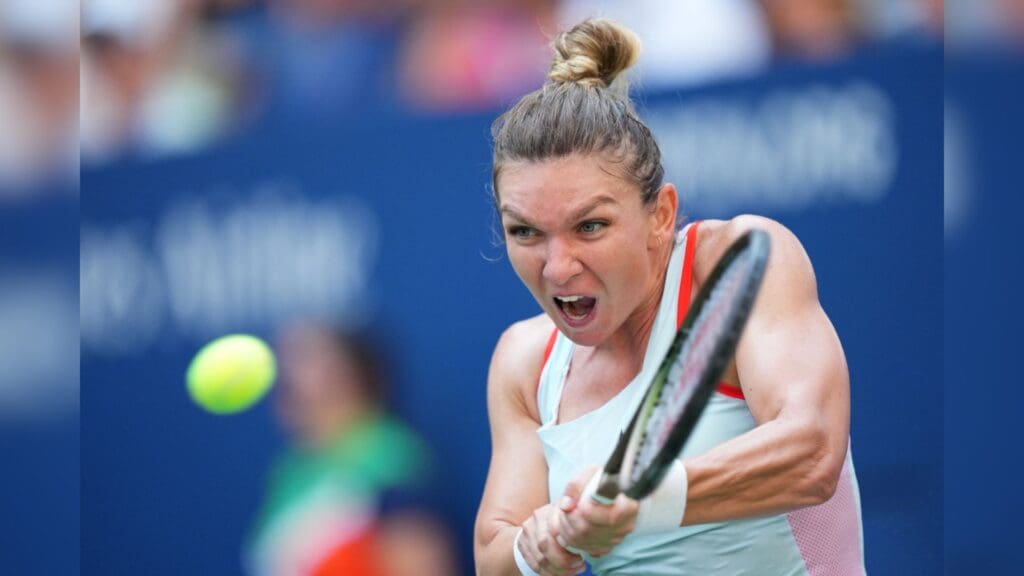 Aug 29, 2022; Flushing, NY, USA; Simona Halep of Romania hits to Daria Snigur of Ukraine on day one of the 2022 U.S. Open tennis tournament at USTA Billie Jean King National Tennis Center.