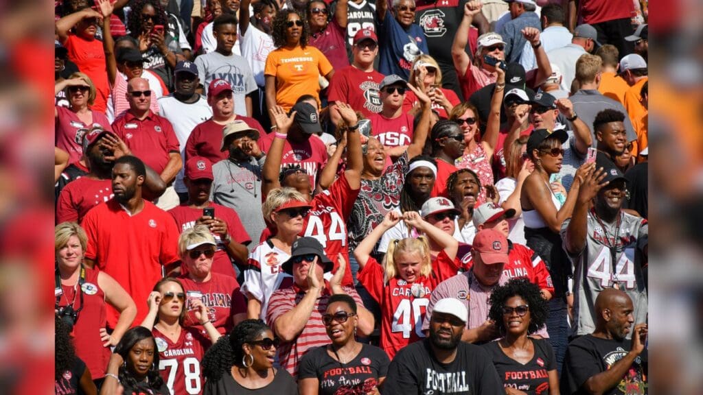 Oct 14, 2017; Knoxville, TN, USA; South Carolina Gamecocks fans celebrate winning against the Tennessee Volunteers after the game at Neyland Stadium. South Carolina won 15 to 9.