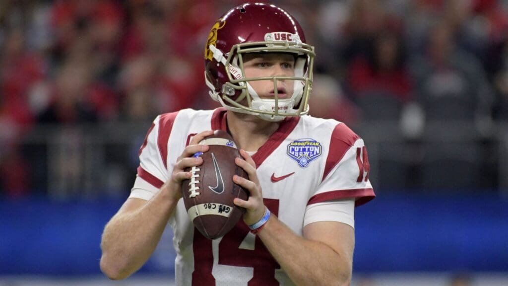Dec 29, 2017; Arlington, TX, USA; Southern California Trojans quarterback Sam Darnold (14) throws a pass against Ohio State Buckeyes in the 2017 Cotton Bowl at AT&T Stadium.