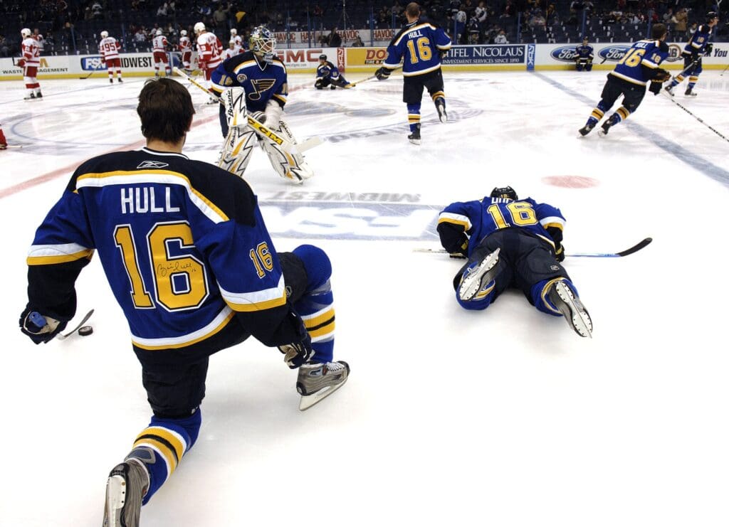 Dec 5, 2006; St. Louis, MO, USA; St. Louis Blues players warmup wearing #16 Brett Hull jerseys before the ceremony for Brett Hull's jersey retirement at the Scottrade Center in St. Louis, MO. 