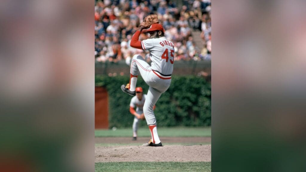 May 1974; Chicago, IL, USA; FILE PHOTO; St. Louis Cardinals pitcher Bob Gibson (45) delivers a pitch during the 1968 season against the Chicago Cubs at Wrigley Field.