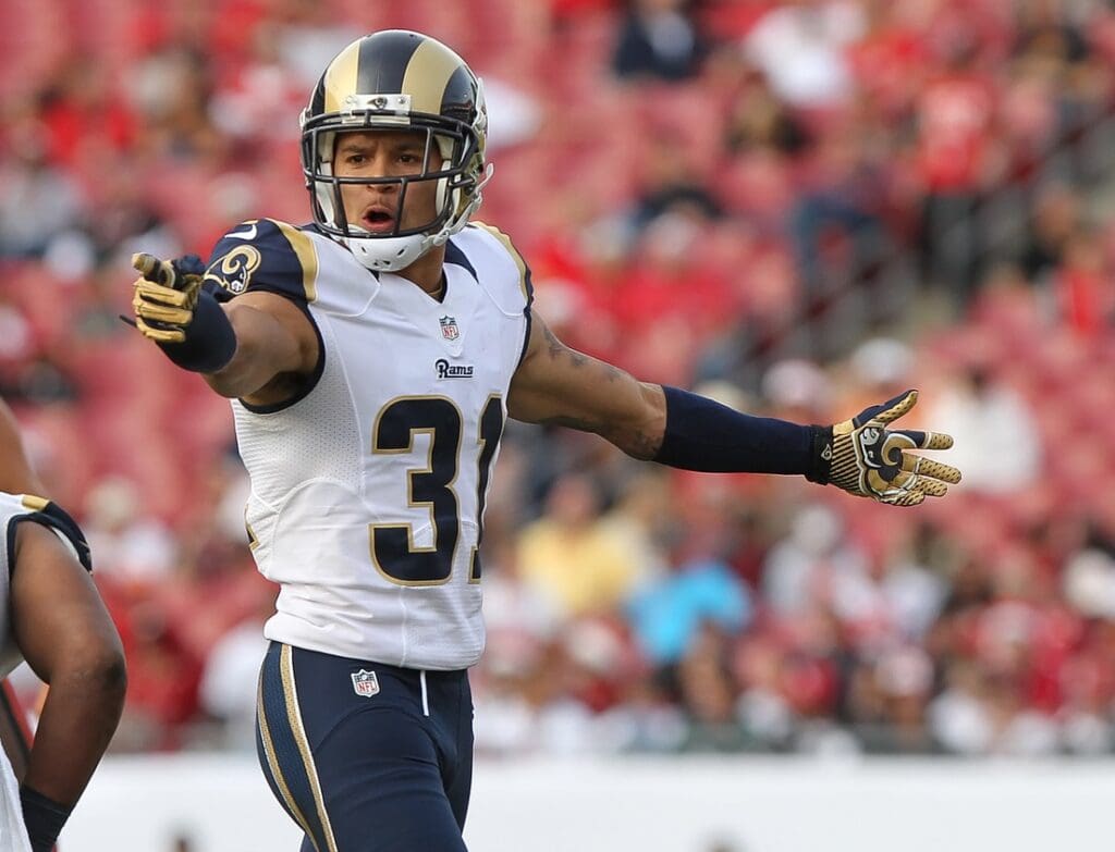 December 23, 2012; Tampa, FL, USA; St. Louis Rams cornerback Cortland Finnegan (31) reacts against the Tampa Bay Buccaneers during the second half at Raymond James Stadium. St. Louis Rams defeated the Tampa Bay Buccaneers 28-13.