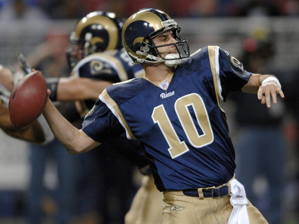 Dec 24, 2006; St. Louis, MO, USA; St. Louis Rams quarterback (10) Marc Bulger attempts a pass against the Washington Redskins during the 1st quarter at the Edward Jones Dome.