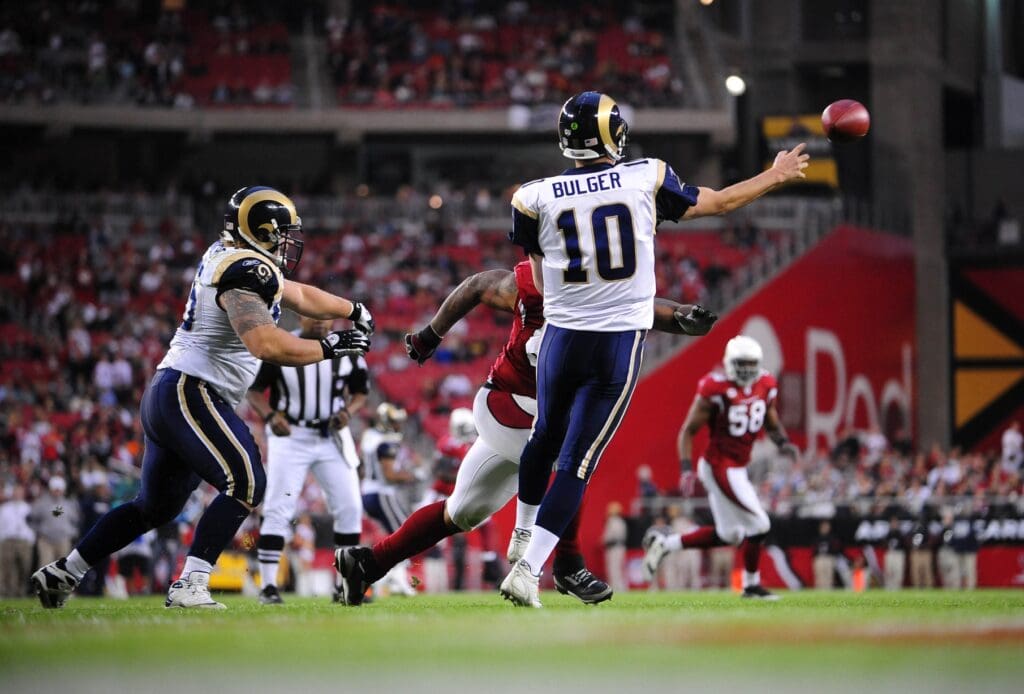 Dec. 7, 2008; Glendale, AZ, USA; St. Louis Rams quarterback (10) Marc Bulger throws a pass in the fourth quarter against the Arizona Cardinals at University of Phoenix Stadium. The Cardinals defeated the Rams 34-10 to clinch the NFC West division title. 