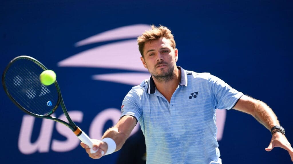 Sept 3, 2019; Flushing, NY, USA; Stan Wawrinka of Switzerland hits to Daniil Medvedev of Russia in a quarterfinal match on day nine of the 2019 U.S. Open tennis tournament at USTA Billie Jean King National Tennis Center