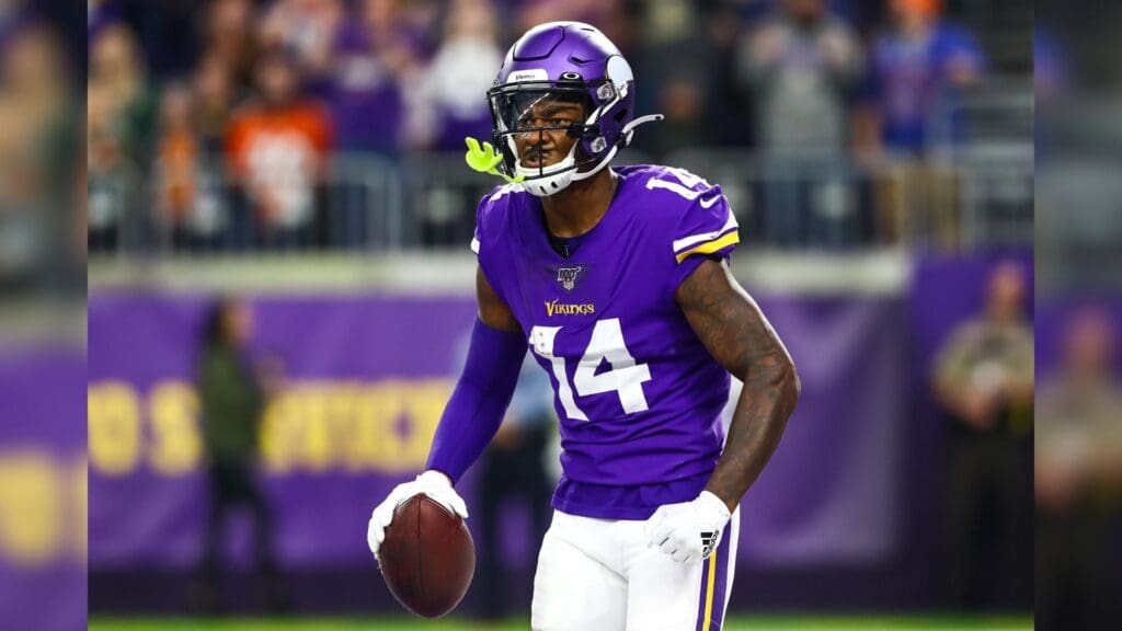 Nov 17, 2019; Minneapolis, MN, USA; Minnesota Vikings wide receiver Stefon Diggs (14) celebrates after scoring a touchdown in the fourth quarter against the Denver Broncos at U.S. Bank Stadium.