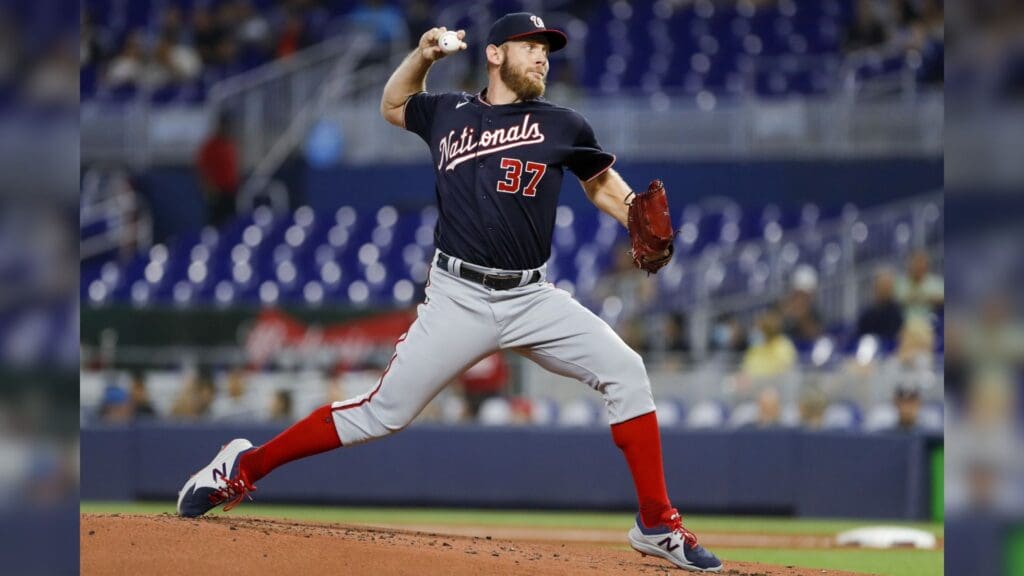 Jun 9, 2022; Miami, Florida, USA; Washington Nationals starting pitcher Stephen Strasburg (37) delivers a pitch during the first inning against the Miami Marlins at loanDepot Park.