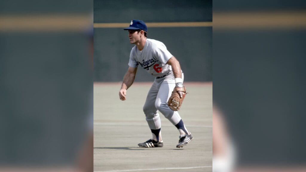 Aug 1974; Cincinnati, OH, USA; FILE PHOTO; Los Angeles Dodgers first baseman Steve Garvey (6) in action against the Cincinnati Reds at Riverfront Stadium during the 1974 season.