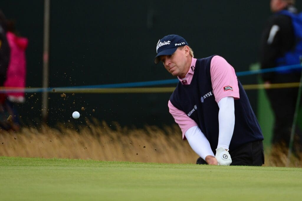 July 18, 2012; St. Annes, ENGLAND; Steve Stricker hits a bunker shot on the 4th hole during the practice round of the 2012 British Open Championship at Royal Lytham & St. Annes Golf Club. 