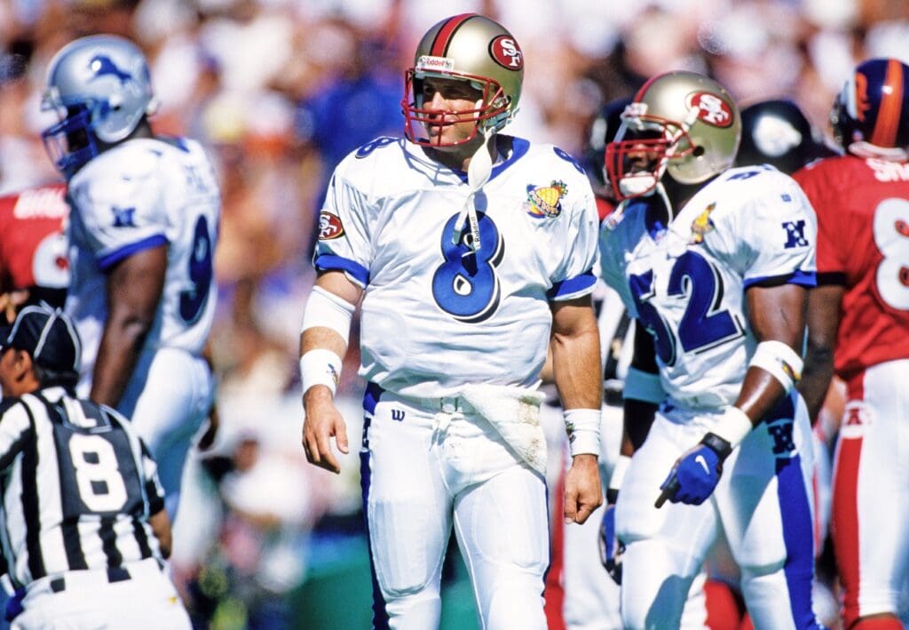 Feb 1, 1998; Honolulu, HI, USA; FILE PHOTO; NFC quarterback Steve Young (8) of the San Francisco 49ers on the field against the AFC during 1998 Pro Bowl at Aloha Stadium.