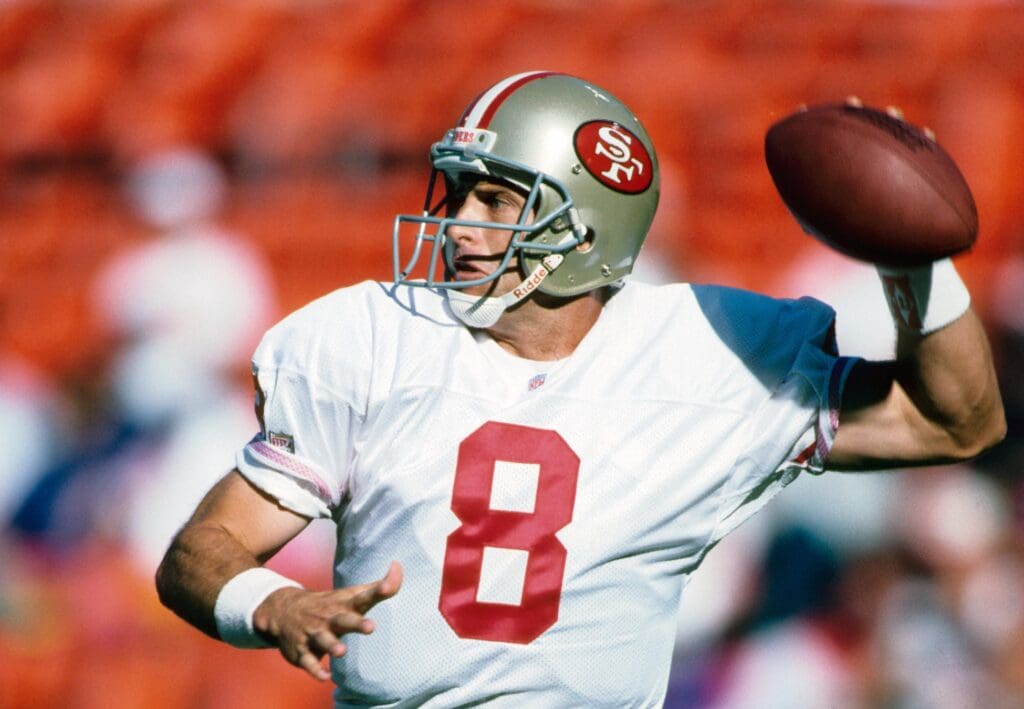 Aug 19, 1995; San Francisco, CA, USA; FILE PHOTO; San Francisco 49ers quarterback Steve Young in action against the Carolina Panthers during a 1995 pre-season game at Candlestick Park.