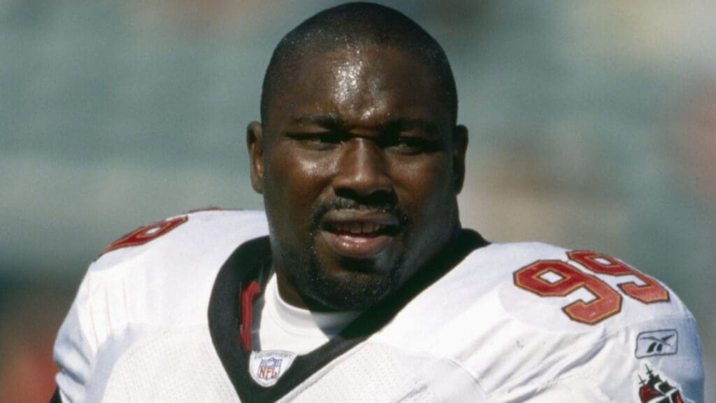 Sep 29, 2002; Cincinnati, OH, USA; Tampa Bay Buccaneers defensive end Warren Sapp (99) during the game against the Cincinnati Bengals at Paul Brown Stadium. The Buccaneers beat the Bengals 35-7.