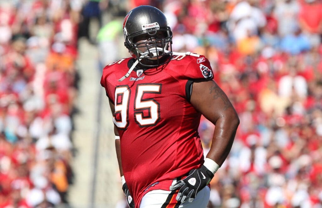 November 13, 2011; Tampa, FL, USA; Tampa Bay Buccaneers defensive tackle Albert Haynesworth (95) during the first quarter against the Houston Texans at Raymond James Stadium.