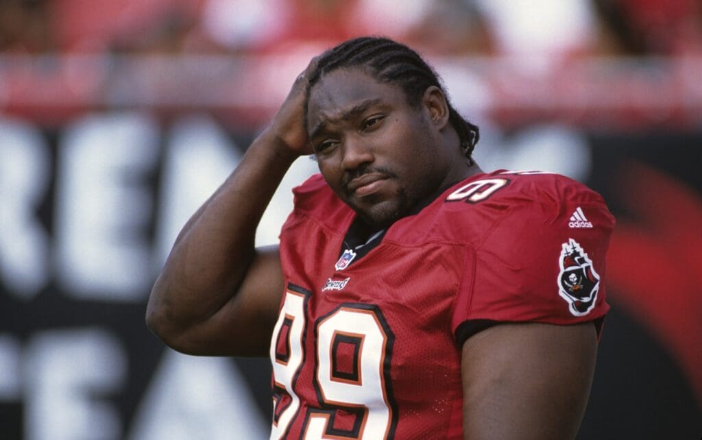 Nov 1, 1998; Tampa, FL, USA; FILE PHOTO; Tampa Bay Buccaneers defensive tackle Warren Sapp (99) on the bench against the Minnesota Vikings at Raymond James Stadium.