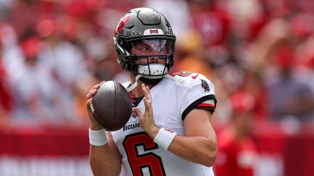 Sep 8, 2024; Tampa, Florida, USA; Tampa Bay Buccaneers quarterback Baker Mayfield (6) warms up before a game against the Washington Commanders at Raymond James Stadium.