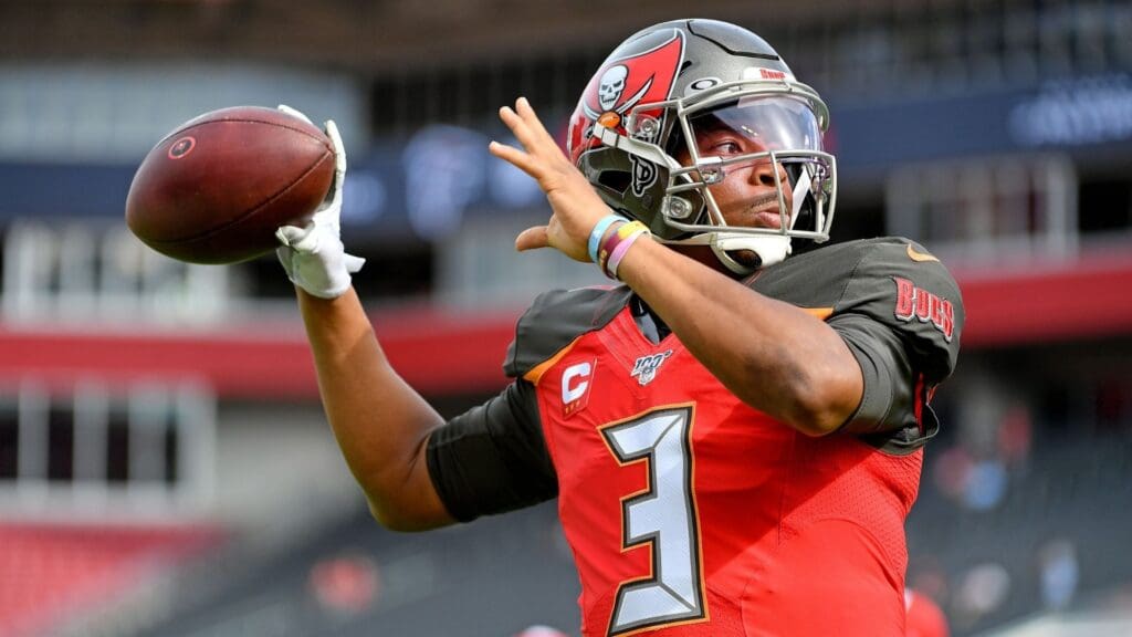 Dec 29, 2019; Tampa, Florida, USA; Tampa Bay Buccaneers quarterback Jameis Winston (3) warms up prior to the game against the Atlanta Falcons at Raymond James Stadium.