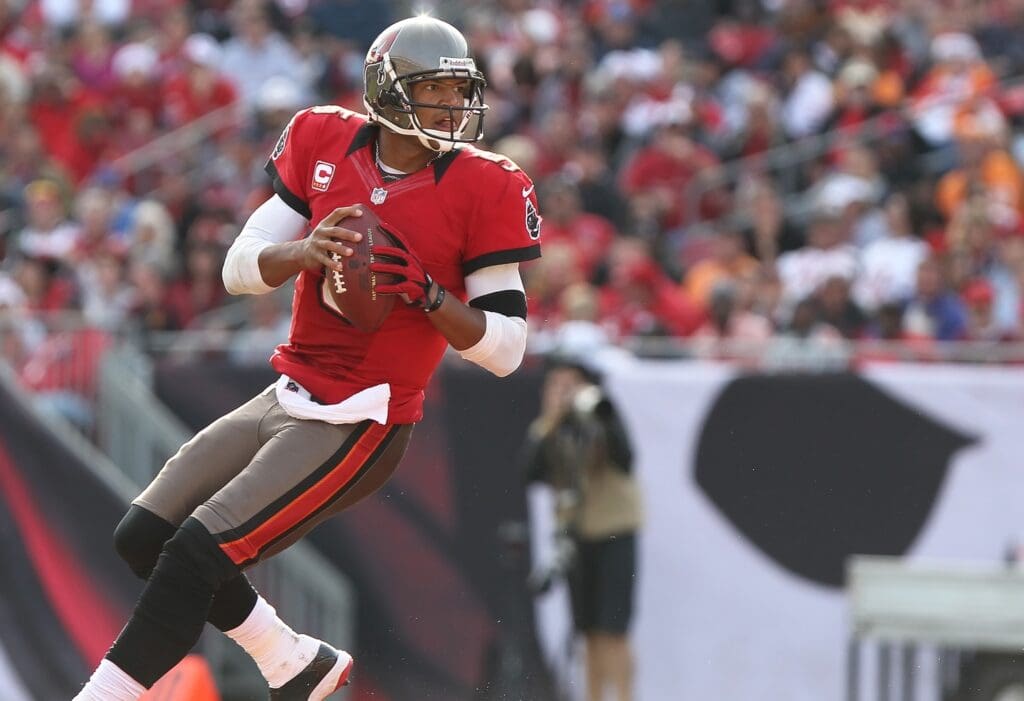 December 23, 2012; Tampa, FL, USA; Tampa Bay Buccaneers quarterback Josh Freeman (5) drops back against the St. Louis Rams during the second half at Raymond James Stadium. St. Louis Rams defeated the Tampa Bay Buccaneers 28-13.