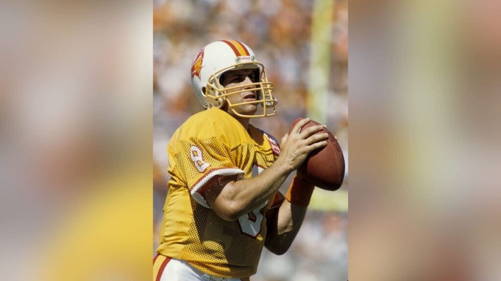 Oct 13, 1985; Tampa, FL, USA; FILE PHOTO; Tampa Bay Buccaneers quarterback Steve Young (8) prior to the game against the Los Angeles Rams at Tampa Stadium.