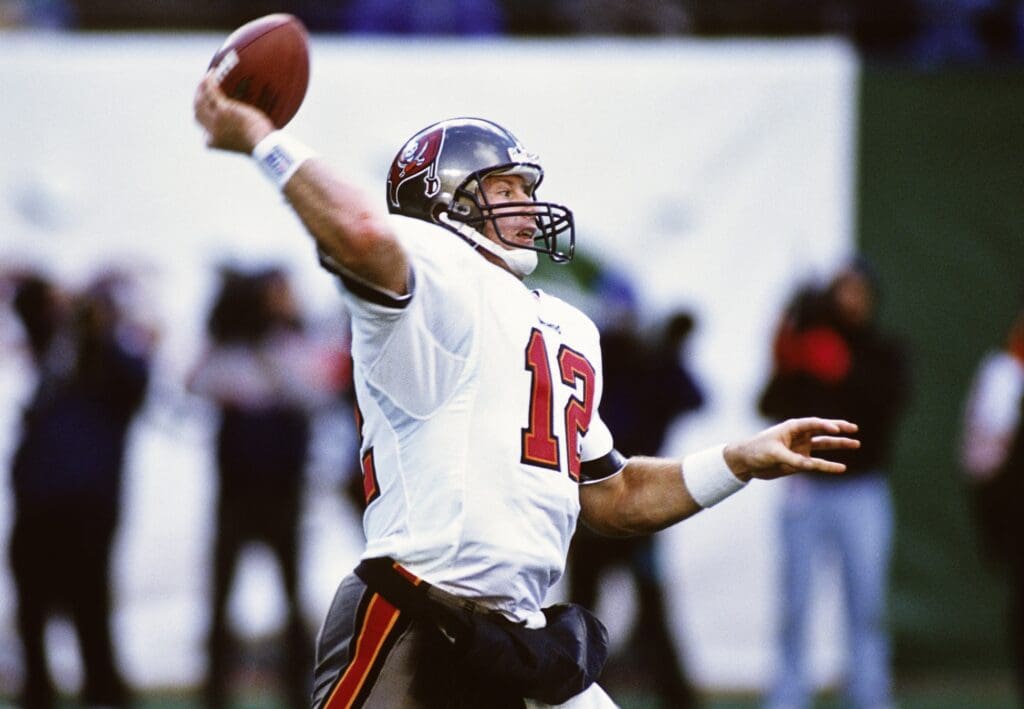 Dec 14, 1997; East Rutherford, NJ, USA; FILE PHOTO; Tampa Bay Buccaneers quarterback Trent Dilfer (12) in action against the New York Jets at Giants Stadium.