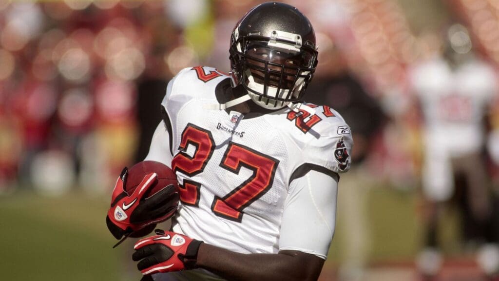 November 21, 2010; San Francisco, CA, USA; Tampa Bay Buccaneers running back LeGarrette Blount (27) runs with the ball before the start of the game against the San Francisco 49ers at Candlestick Park.