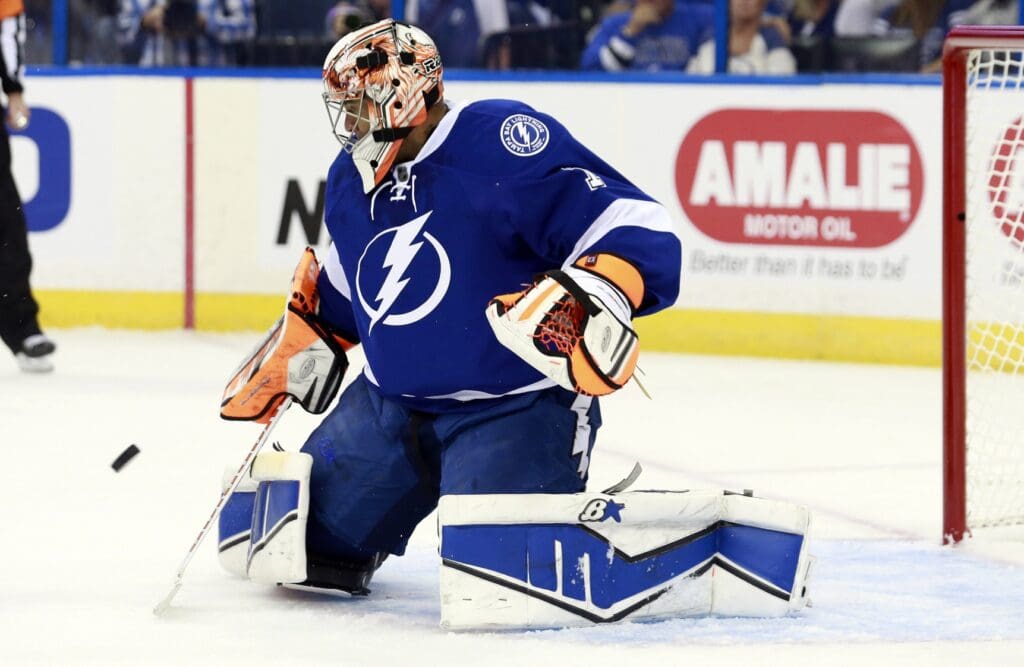 Sep 22, 2015; Tampa, FL, USA; Tampa Bay Lightning goalie Ray Emery (1) makes a save against the Nashville Predators during the first period at Amalie Arena. 