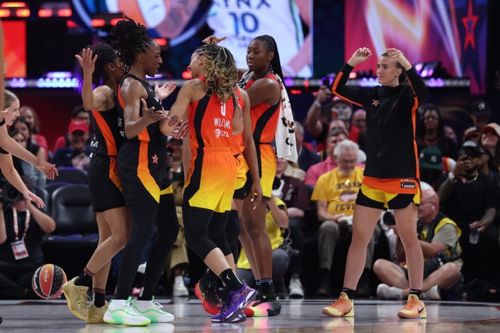 Jul 19, 2025; Indianapolis, IN, USA; Team Clark forward Gabby Williams (5) reacts with teammates in the fourth quarter against Team Collier during the 2025 WNBA All Star Game at Gainbridge Fieldhouse