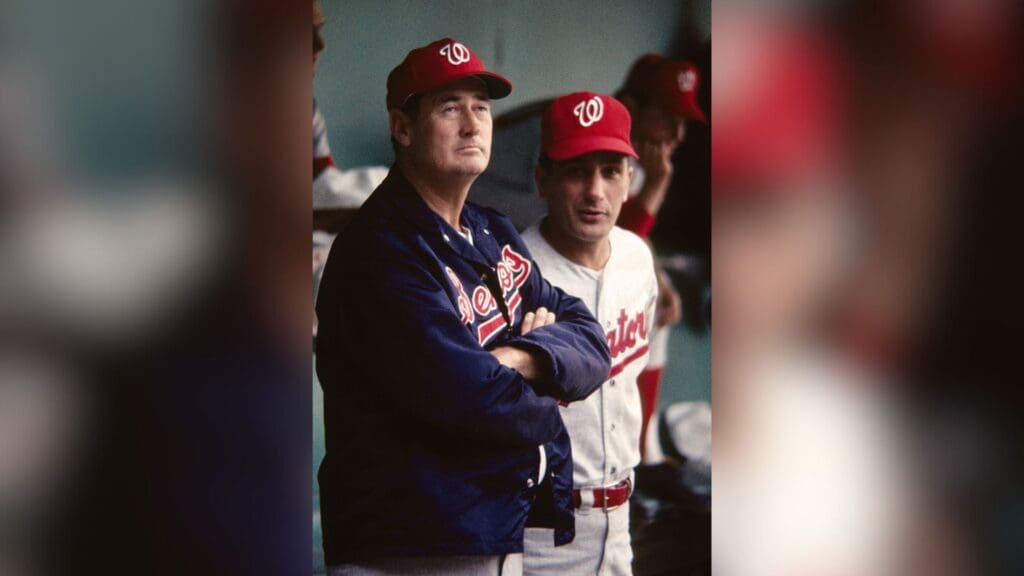 Unknown date and location; USA; FILE PHOTO; Washington Senators manager Ted Williams stands in the dugout.