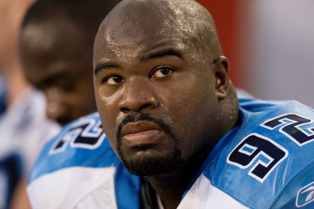 August 28, 2008; Green Bay, WI, USA; Tennessee Titans defensive tackle Albert Haynesworth (92) looks on during the pre-season game against the Green Bay Packers at Lambeau Field in Green Bay, WI. The Titans defeated the Packers 23-21.