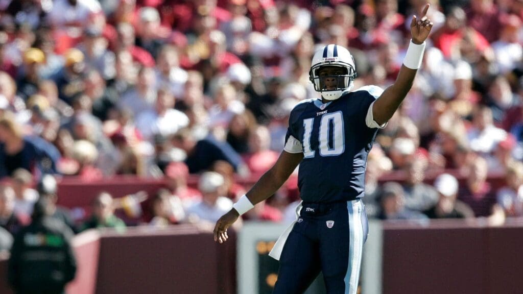Oct 15, 2006; Landover, MD, USA; Tennessee Titans quarterback (10) Vince Young points his finger after a Washington Redskins penalty gave the Titans a first down in the second quarter at FedEx Field in Landover, MD.